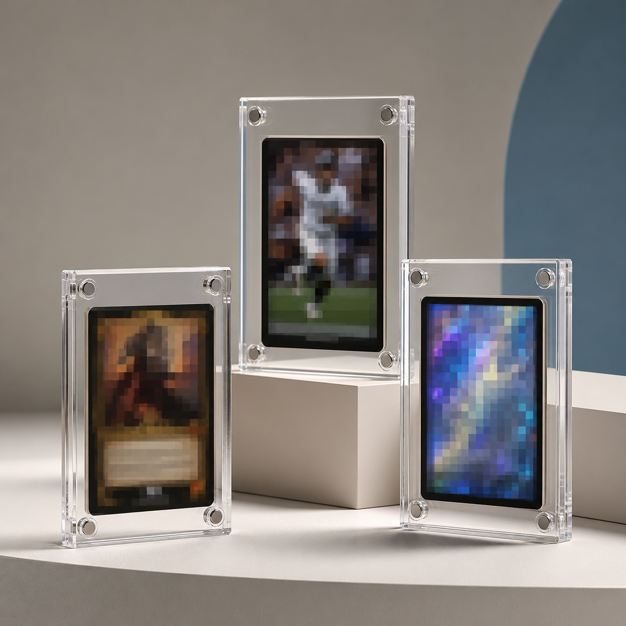 Three clear acrylic magnetic trading card displays with deliberately anonymised card artwork